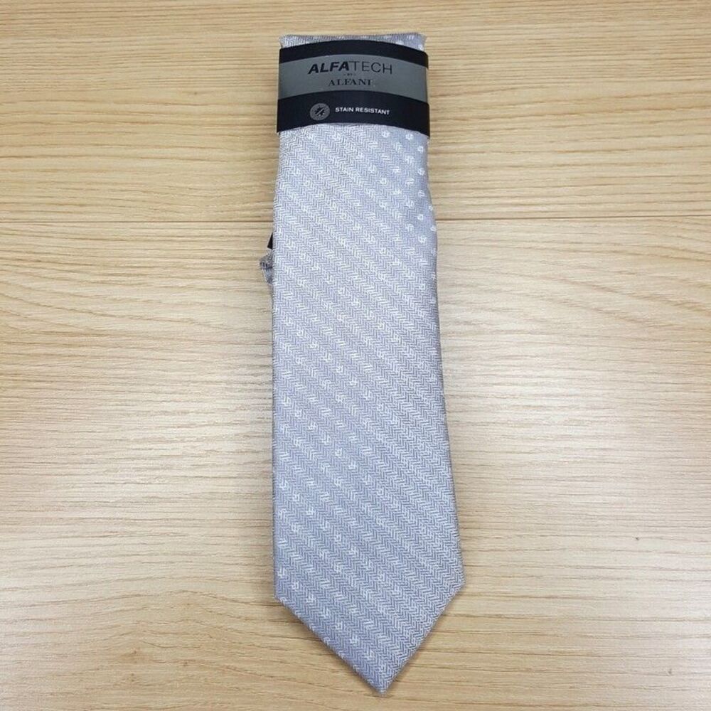 ALFANI Mens Neck Tie Silver Herringbone Stripe Slim Skinny Stain Resistant